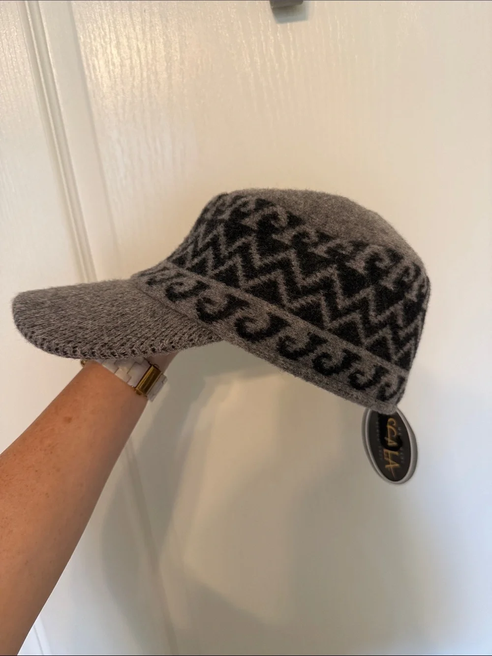 Scala Cadet Wool Visor Hat with Black Geometric Pattern